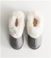 Women's Grey Faux Suede and Faux Fur Trim Slipper Boots Vegan New Look