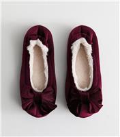 Women's Dark Burgundy Velvet Bow Appliqued Ballerina Slippers Vegan New Look