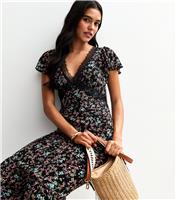 Women's Black Floral Print Lace Trim Midi Dress New Look