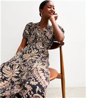 Women's Black Palm Tree Print Midi Dress New Look