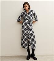 Women's Black Cotton Checked Midi Shirt Dress New Look