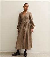 Women's Petite Brown Checked V-neck Puff Sleeve Midi Dress New Look