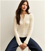 Women's Cream Ribbed Knit Long Sleeve Button Up Jumper New Look