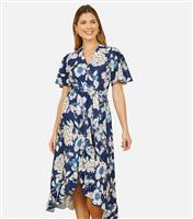 Women's Navy Floral Print Tie Waist Midi Dress Yumi New Look