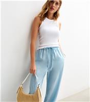 Women's Blue Stripe Print Wide Leg Drawstring Waist Trousers New Look