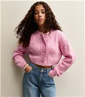 Pink Cropped Cable Knit Cardigan New Look