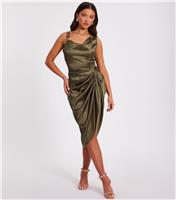 Women's Petite Dark Khaki Satin Ruched Midi Dress Quiz New Look