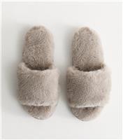 Women's Grey Faux Fur Slides Vegan New Look