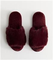 Women's Dark Burgundy Faux Fur Slides Vegan New Look