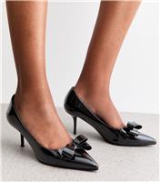 Women's Black Faux Patent Leather Bow Front Kitten Heel Court Shoes Vegan New Look
