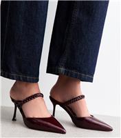 Women's Burgundy Plaited Trim Point Toe Heeled Mules Vegan New Look