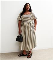 Women's Plus Size Cream Stripe Print Puff Sleeve Milkmaid Textured Midi Dress Curves New Look