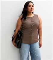 Women's Plus Size Brown Houndstooth Print Jersey Waistcoat Curves New Look