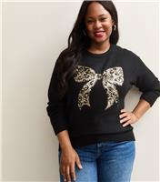 Women's Plus Size Black Sequin Leopard Bow Embellished Jumper Curves New Look
