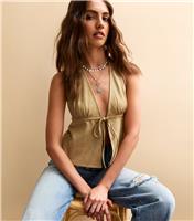 Women's Stone Faux Suede Tie Front Halterneck Top New Look