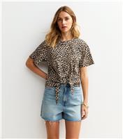 Women's Brown Leopard Print Tie Front T-Shirt New Look