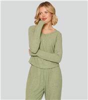 Women's Green Super Soft Brushed Rib Buttoned Lounge Set Loungeable New Look