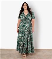 Women's Curve Green Scarf Print Maxi Dress Apricot New Look