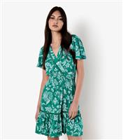 Women's Green Floral Print Wrap Mini Dress Apricot New Look