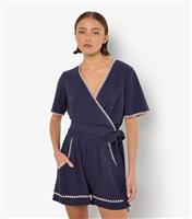 Women's Navy Blanket Stitch Wrap Top Apricot New Look