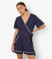 Women's Navy Blanket Stitch Shorts Apricot New Look