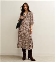 Women's Brown Animal Print Tie Neck Midi Dress New Look
