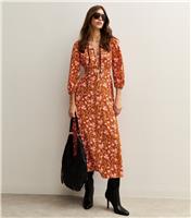 Women's Orange Floral Print Tie Neck MIdi Dress New Look