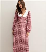Women's Pink Crepe Check Print Collar Detail Midi Dress New Look