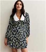 Women's Blue Floral Print Contrast Collar Mini Dress New Look