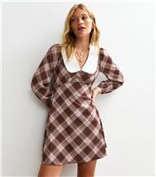 Women's Brown Checked Oversized Collar Mini Dress New Look