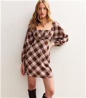 Women's Brown Checked Print Long Sleeve Mini Dress New Look