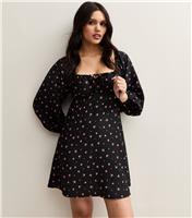 Women's Black Crepe Rose Print Milkmaid Mini Dress New Look