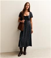 Women's Black Ditsy Print Velvet Bow Trim Midi Dress New Look