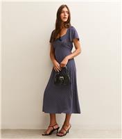 Women's Blue Spot Print Velvet Bow Trim Midi Dress New Look