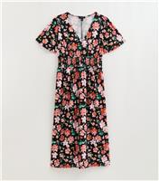 Women's Plus Size Multicolour Floral Print Angel Sleeve Midi Dress Curves New Look
