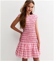 Girls' Pink Check Pattern Short Sleeve Shirred Dress New Look