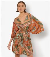 Women's Brown Printed Tie Waist Kaftan Mini Dress Apricot New Look