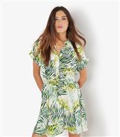 Women's Green Leaf Print Smocked Waist Mini Dress Apricot New Look