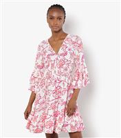 Women's White Floral Print Tiered Hem Mini Dress Apricot New Look