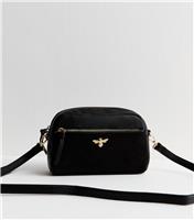 Black Faux Leather Bee Camera Crossbody Bag Vegan New Look