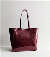 Burgundy Faux Patent Leather Crocodile Effect Tote Vegan New Look