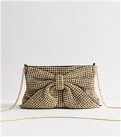 Gold Rhinestone Embellished Bow Appliqued Clutch Vegan New Look