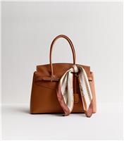 Brown Faux Leather Belted Scarf Trim Tote bag Vegan New Look