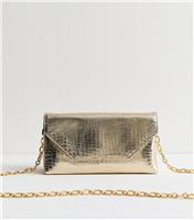 Gold Crocodile Effect Faux Leather Envelope Clutch New Look