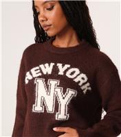 Women's Dark Brown Knitted NYC Jumper Pink Vanilla New Look