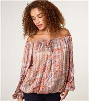 Women's Brown Paisley Print Bardot Puffball Hem Blouse Blue Vanilla New Look