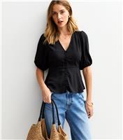 Women's Black Crinkle Texture Button Detail Tea Blouse New Look