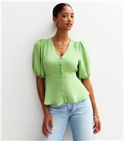 Women's Green Crinkle Texture Button Detail Tea Blouse New Look