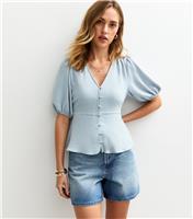 Women's Light Blue Crinkle Texture Button Detail Tea Blouse New Look