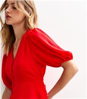 Women's Red Crinkle Texture Button Detail Tea Blouse New Look